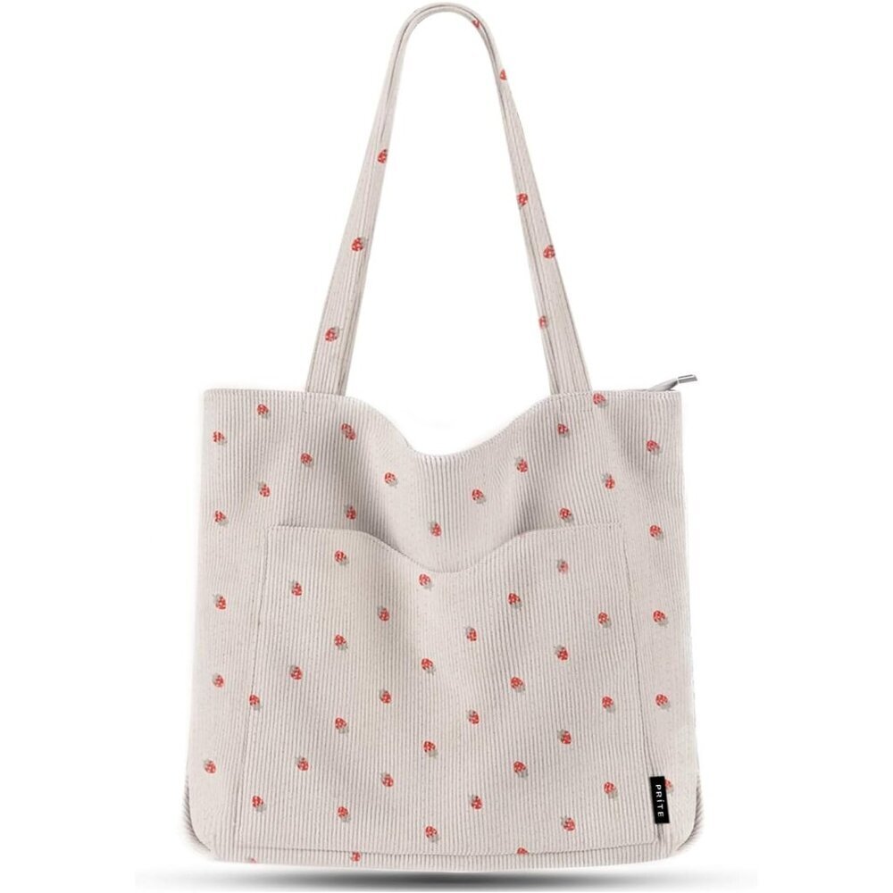 Women Strawberry Beige Corduroy Polyester Lining Large Shoulder Bag with Zipper